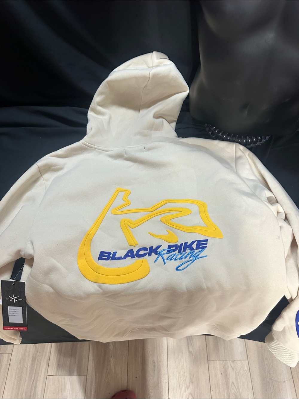 Black Pike Racing Hoodie - Cream with Yellow & Blue Logo-NWT-size 3XL-#554